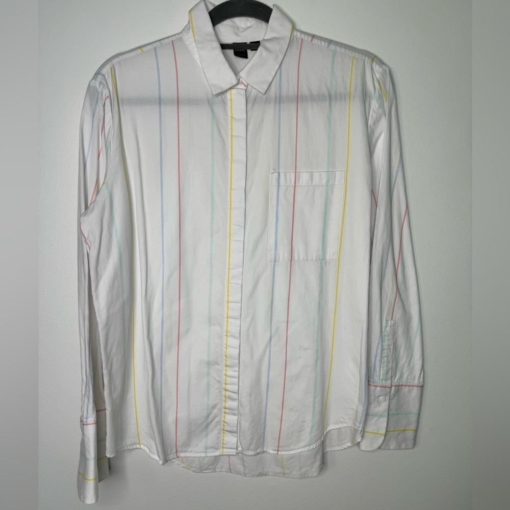 Simons white teacher colorful stripes buttons shirt